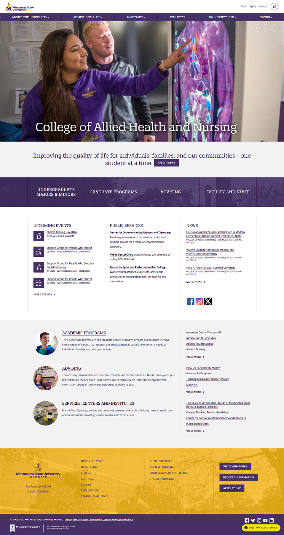 Screenshot of the Minnesota State University Mankato's College of Allied Health and Nursing website